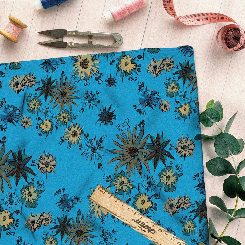 Ткань барби дикие цветы горчичного оттенка