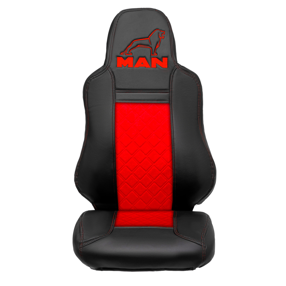 Чехлы MAN TGX, TGS с 2021 года c регулировкой ремня безопасности водителя по высоте (экокожа, красный)