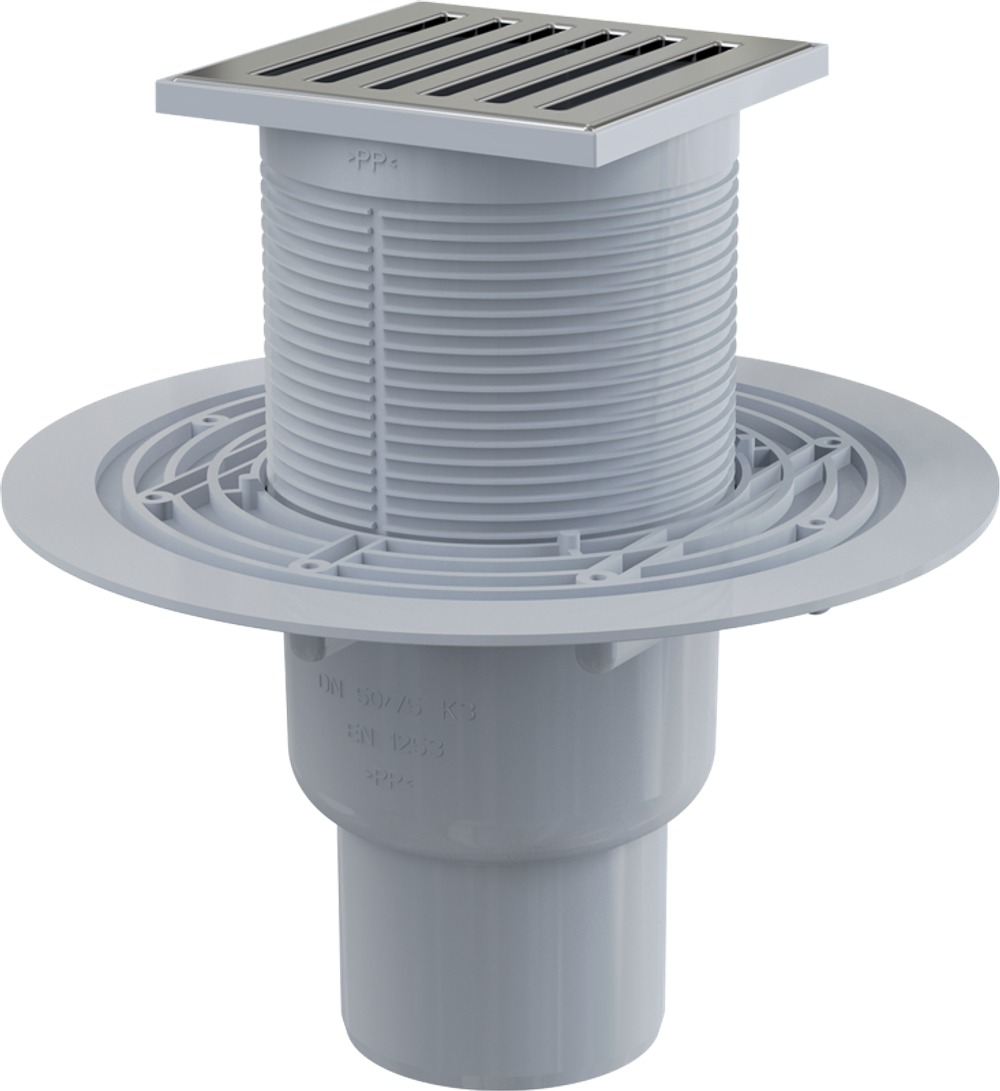 Сливной трап APV203 105 × 105/50/75, подводка – прямая, решетка из нерж стали, гидрозатвор – мокрый