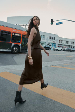 ZARA АТЛАСНАЯ ЮБКА МИДИ, КОРИЧНЕВЫЙ