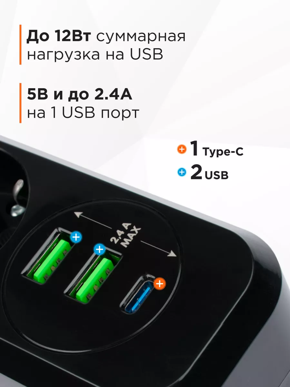 Сетевой фильтр Гарнизон 3розетки/2USB/1Type-C 2 метра