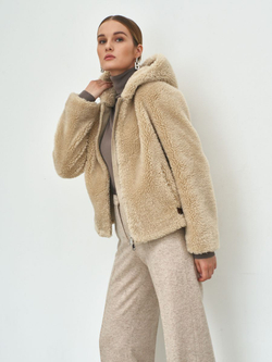 Искусственная шуба с капюшоном, бежевая, Северина