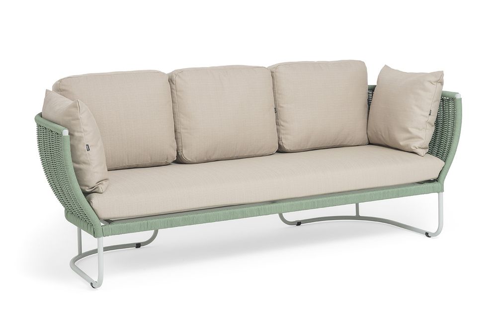 "Фиджи" диван 3-местный плетеный из роупа, каркас алюминий светло-серый (RAL7035) муар, роуп зеленый (4204) круглый tex, ткань Mossle бежевая