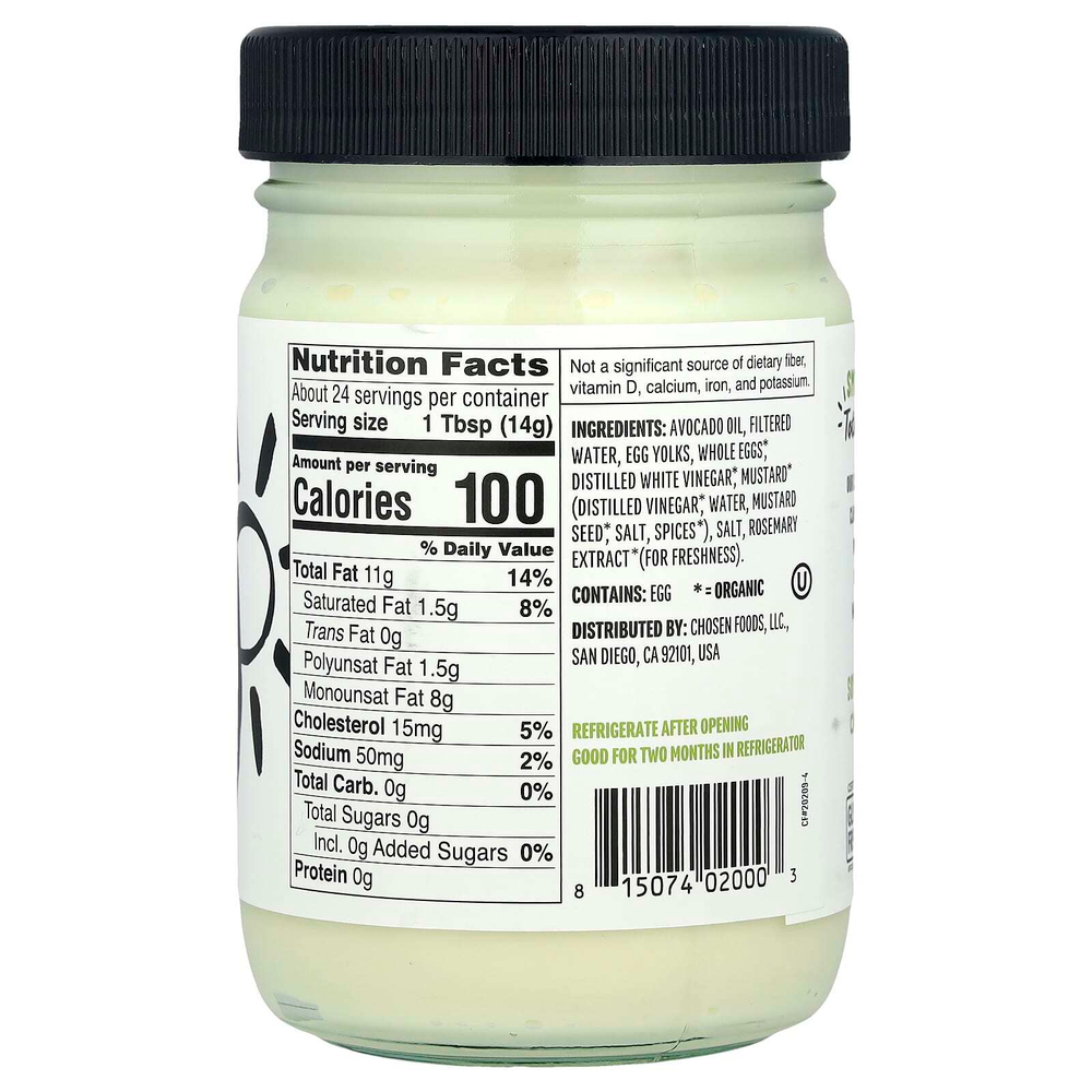 Chosen Foods, классический майонез, изготовленный из 100% чистого масла авокадо, 355 мл (12 жидк. унций)