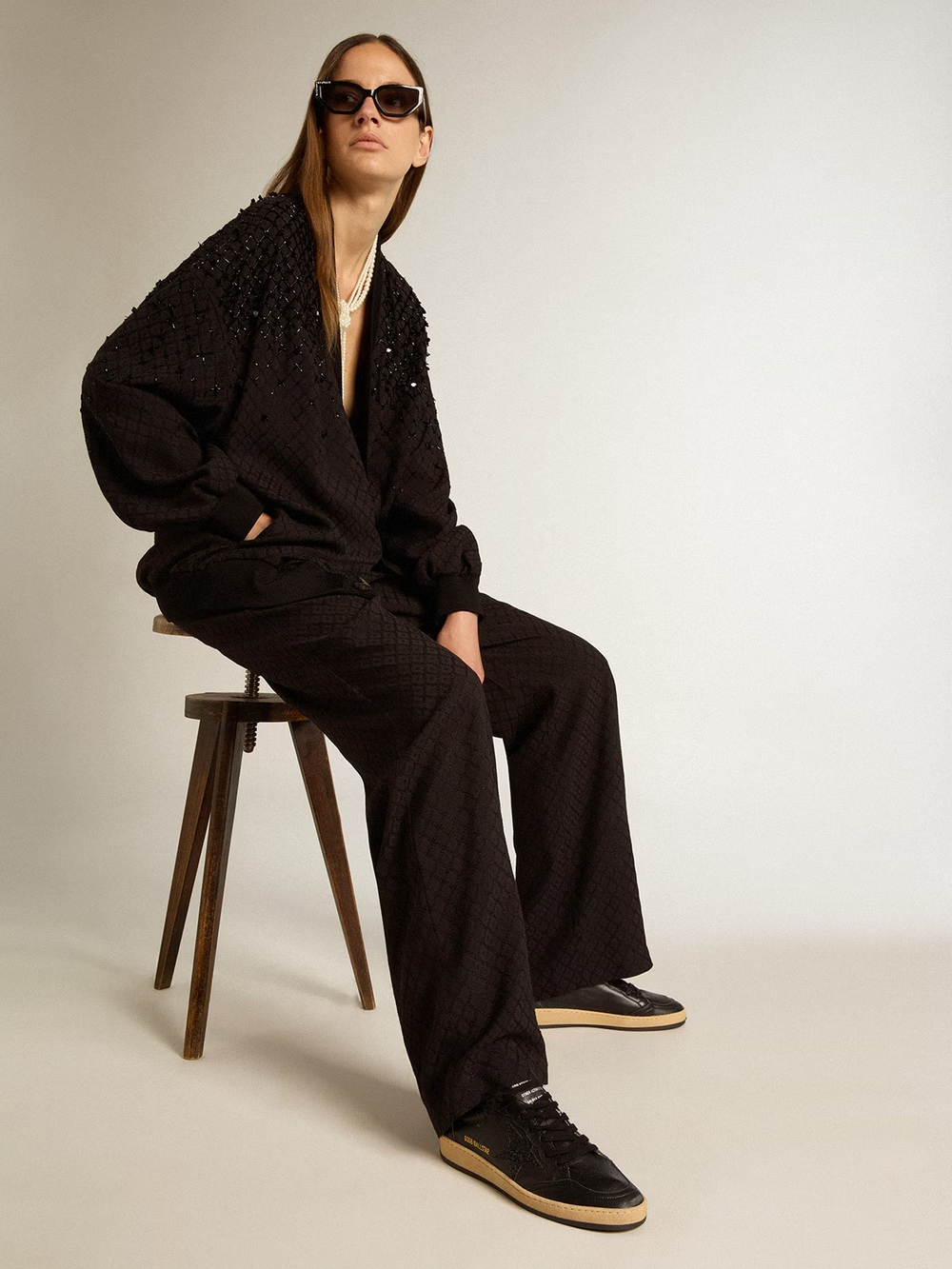 Ball Star Donna in nappa nera con stella in glitter neri e talloncino in suede