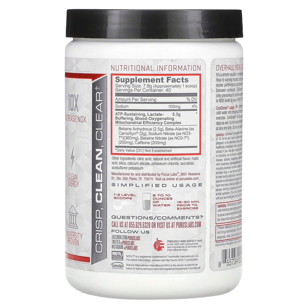 Purus Labs, ConDense, предтренировочный комплекс для повышения выносливости, со вкусом арбуза и клубники, 316 г (11,1 унции)