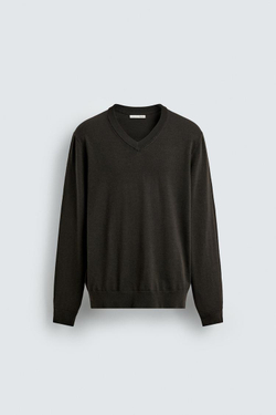 ZARA СВИТЕР ИЗ 100% ШЕРСТИ С V-ОБРАЗНЫМ ВЫРЕЗОМ, ШОКОЛАДНЫЙ