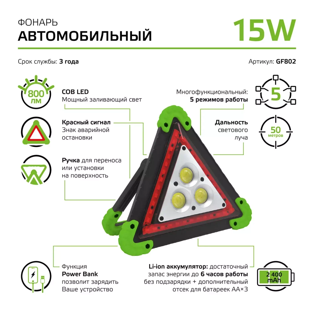 Фонарь Gauss LED автомобильный GFL802 15W 800lm Li-on 2400mAh