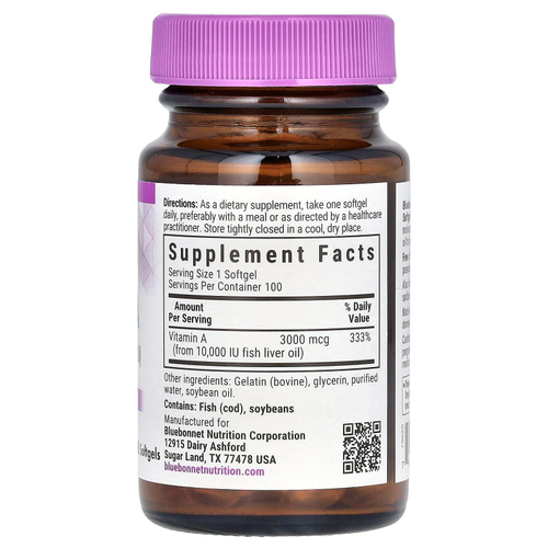 Bluebonnet Nutrition, Витамин A, 3000 мкг (10 000 МЕ), 100 мягких таблеток
