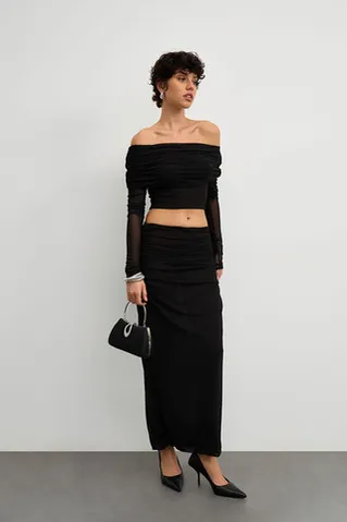 Юбка макси из сетки стрейч черного цвета