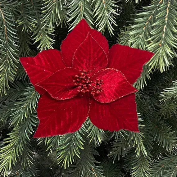 Декоративный цветок Пуансеттия 20 см., красный, на клипсе, Christmas DeLuxe (89561)