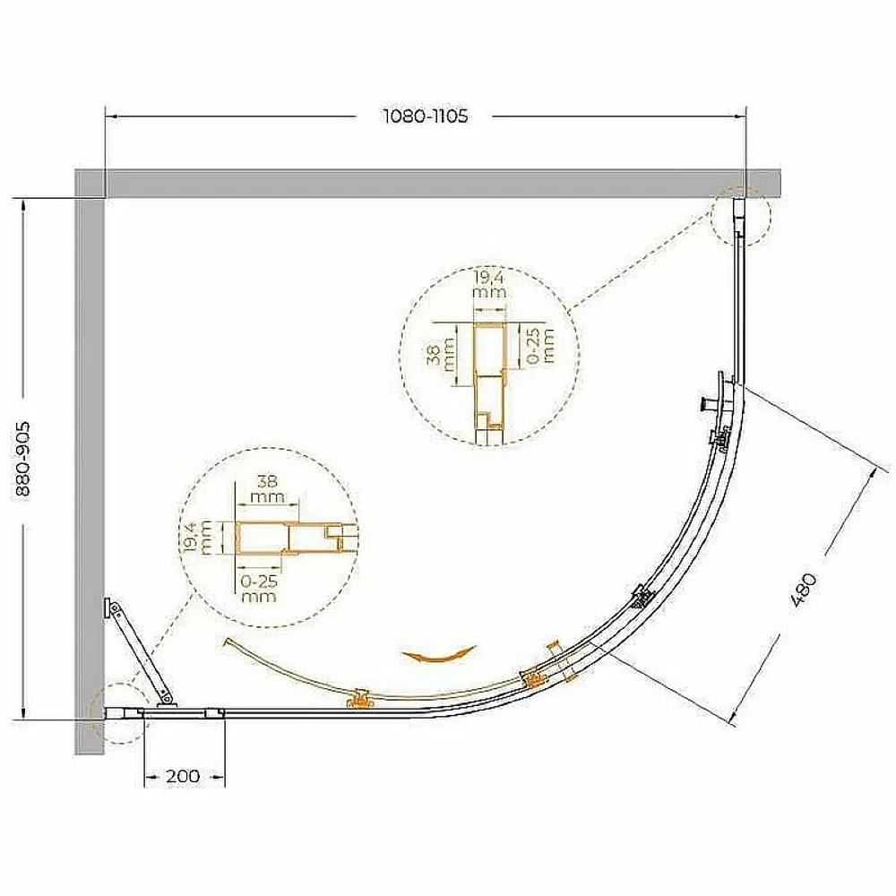 Душевой уголок Cezares Molveno 90x110 RH-1-110/90-C-BORO-IV стекло прозрачное/профиль золото брашированное