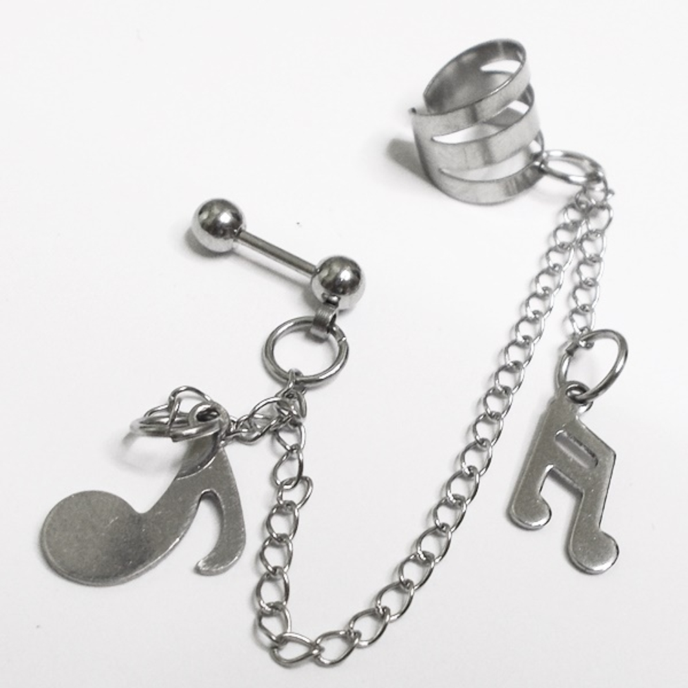 Стальная серьга гвоздик на цепочке с клипсой "Нота, скрипичный ключ" для украшения пирсинга ушей. Сталь 316L Цена за набор