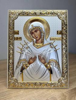 Семистрельная БМ, икона прямоугольная без рамки, белое дерево 175х225