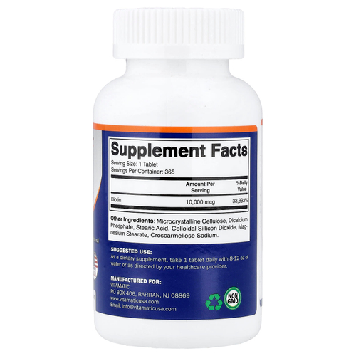Vitamatic, Биотин, максимальная эффективность, 10 000 мкг, 365 таблеток