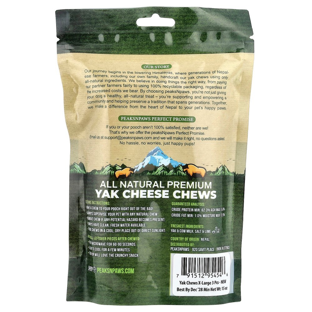 peaksNpaws, полностью натуральные жевательные таблетки с сыром як премиального качества, X-Large, 3 жевательные таблетки, 15 унций