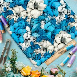 Ткань премиум таффета бело-голубой фантазийный цветник