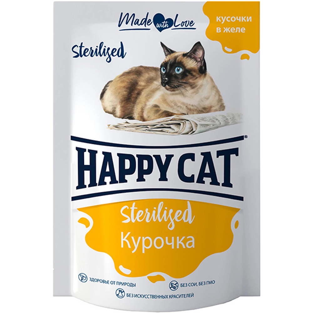 Курочка кусочки в желе, 85г влажный корм для стерилизованных кошек Happy Cat