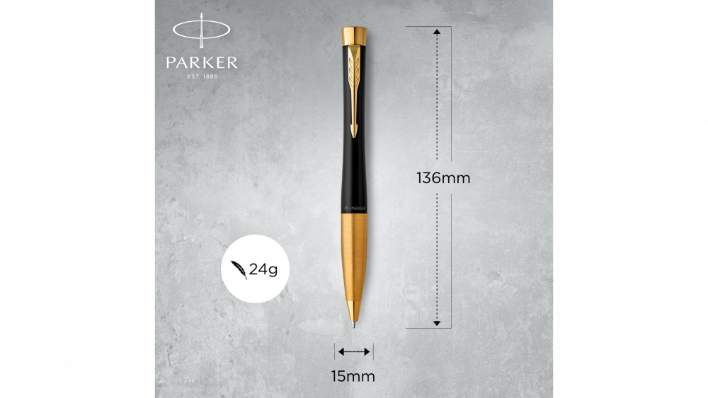 Шариковая ручка Parker Urban (матовый черный лак) Muted Black Gold Finish Trim, стержень: M, цвет чернил: blue, в подарочной упаковке.