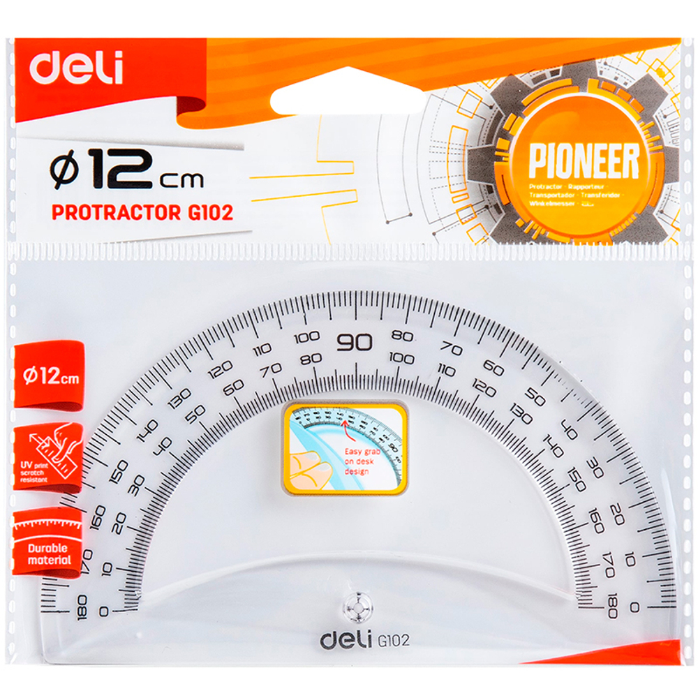 Транспортир Deli "Pioneer" (180 градусов, 12 см), прозрачный