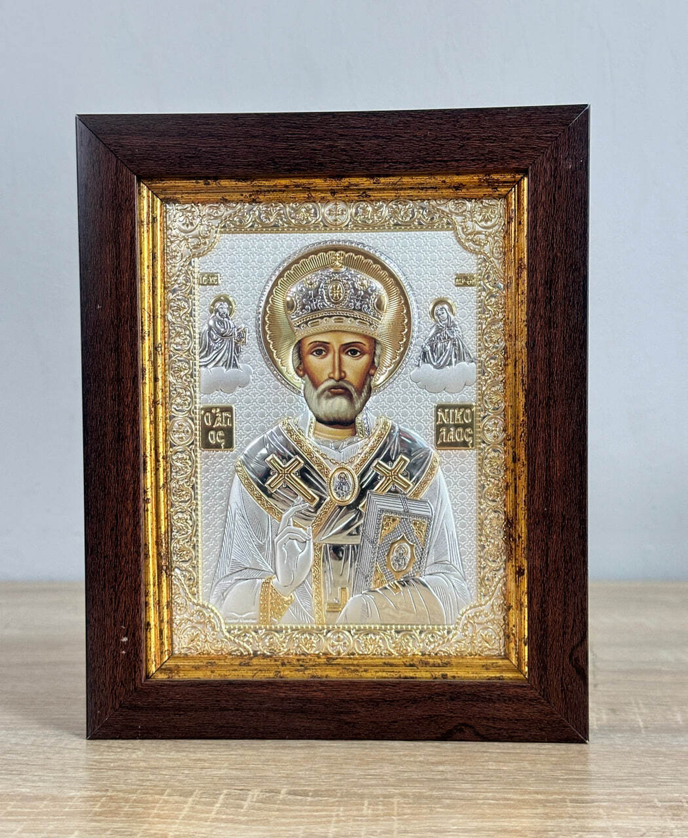 Николай Чудотворец, икона прямоугольная в рамке под стеклом, красное дерево 206х258