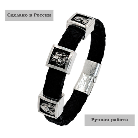 Православный мужской браслет Георгий Победоносец Лики Святых из кожи и серебра