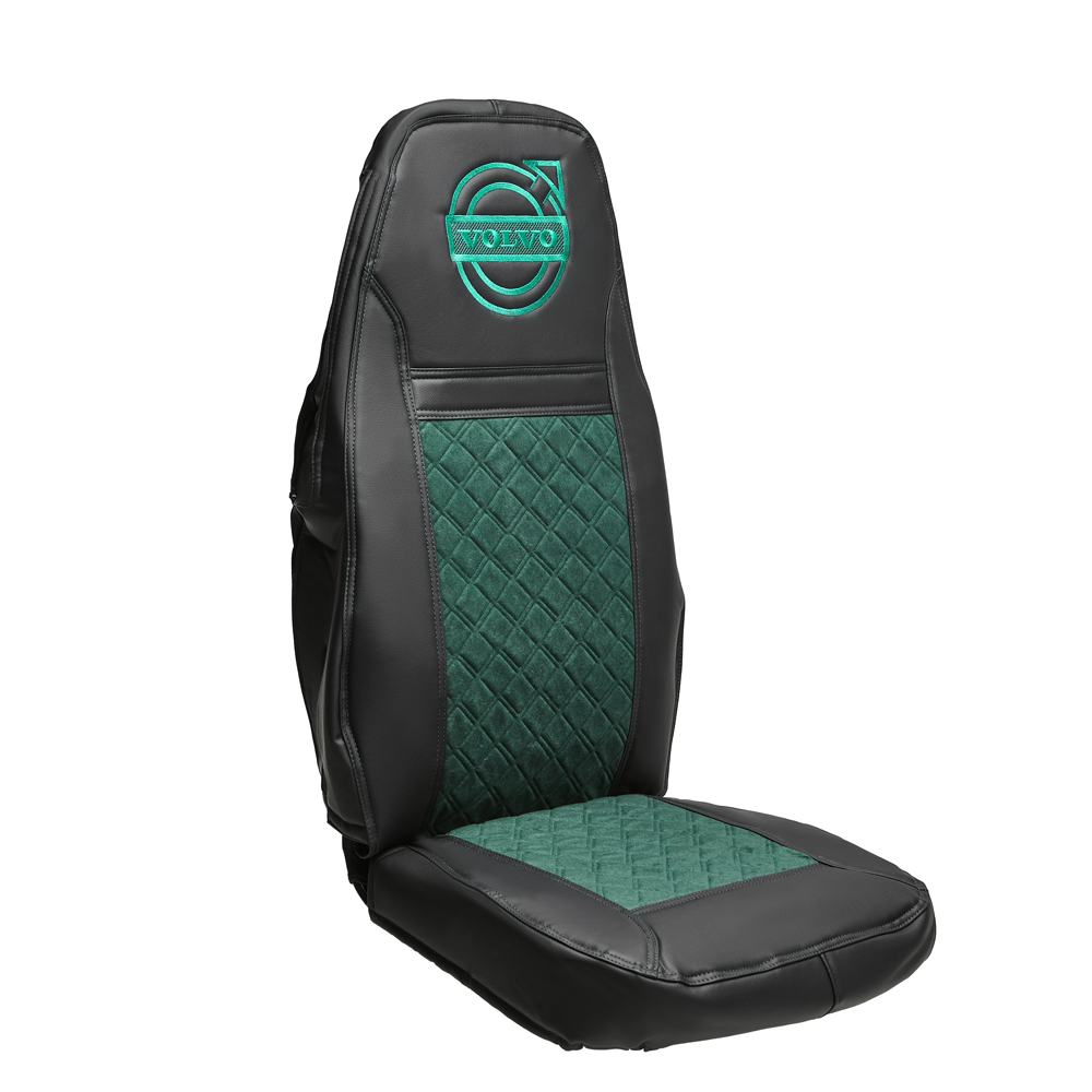 Чехлы VOLVO FH-12 после 2003 года: два высоких сиденья, ремни из сиденья (есть вырезы под ремень) (экокожа, черный, зеленая вставка)