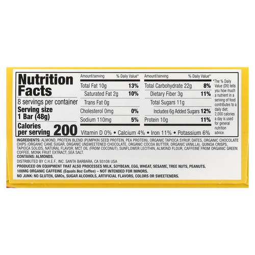 Quantum Energy Square, печенье с шоколадной крошкой, 8 батончиков по 48 г (1,69 унции)