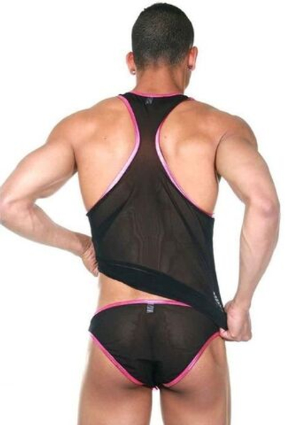 Мужской комплект белья: майка-борцовка и трусы-слипы (Размер: S-M) (Цвет: черный с розовым)