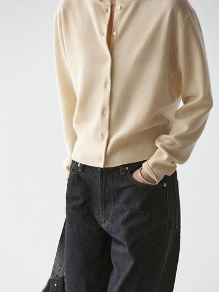 Massimo Dutti Кардиган из шерстяного трикотажа с круглым вырезом, ванильный