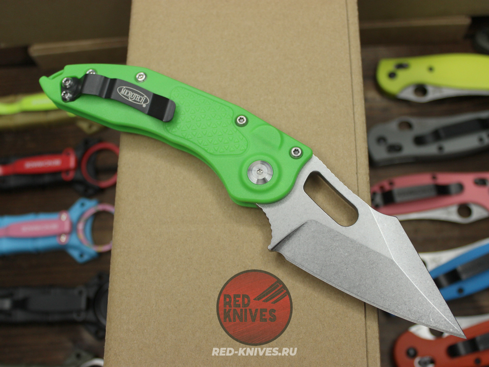 Нож Microtech Stitch Acid Green + пружина - светлый клинок, рукоять нейлон