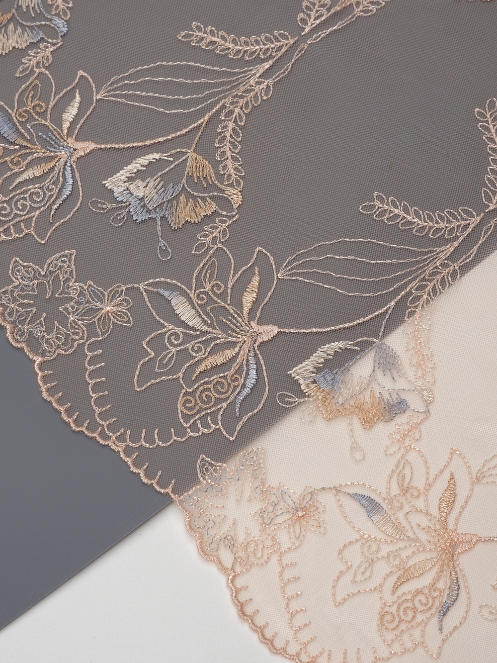 Кружево вышивка на сетке пион с голубым и охрой неэластичная ширина 25 см