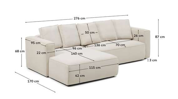 3-местный диван-кровать Marela бежевый шенилл с кушеткой слева, 276 см
