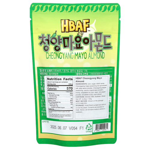HBAF, Миндаль Cheongyang Mayo, 120 г (4,23 унции)