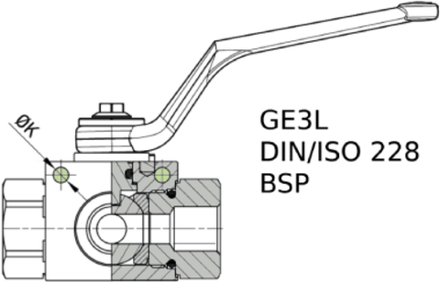 Кран 3-х ходовой шаровый BSP 3/4" DN20 P=420 L-обр. с отверстиями для монтажа