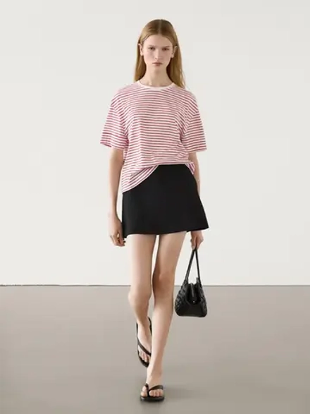 Massimo Dutti Хлопковая футболка в полоску с круглым вырезом, красный