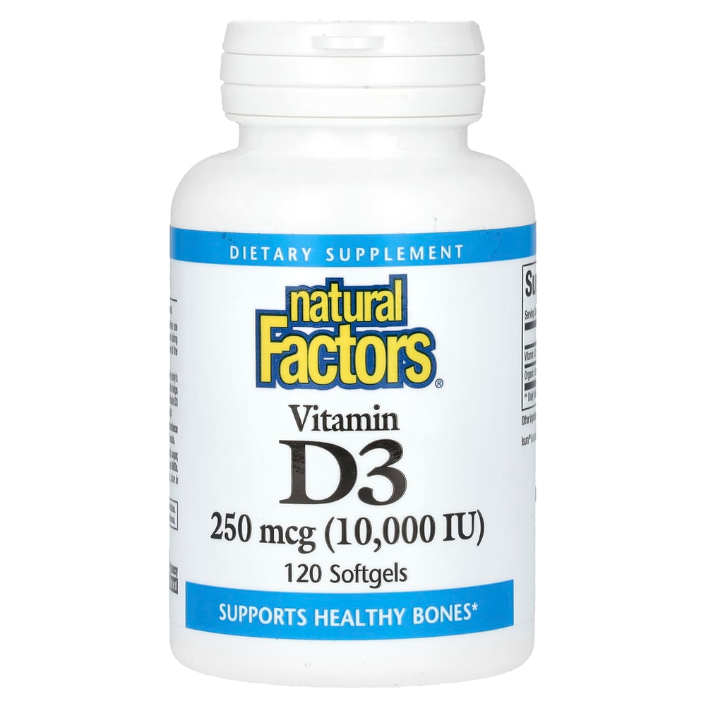 Natural Factors, витамин D3, 250 мкг (10 000 МЕ), 120 мягких таблеток