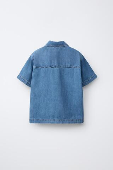 ZARA ДЖИНСОВАЯ РУБАШКА ИЗ ХЛОПКА И ЛЬНА, СИНИЙ