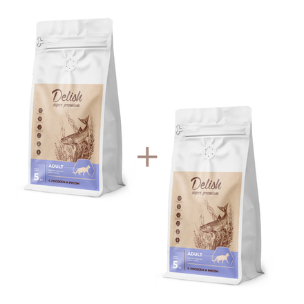 АКЦИЯ 1+1 Сухой корм DELISH super premium для взрослых кошек с лососем и рисом - 5 кг + 5 кг