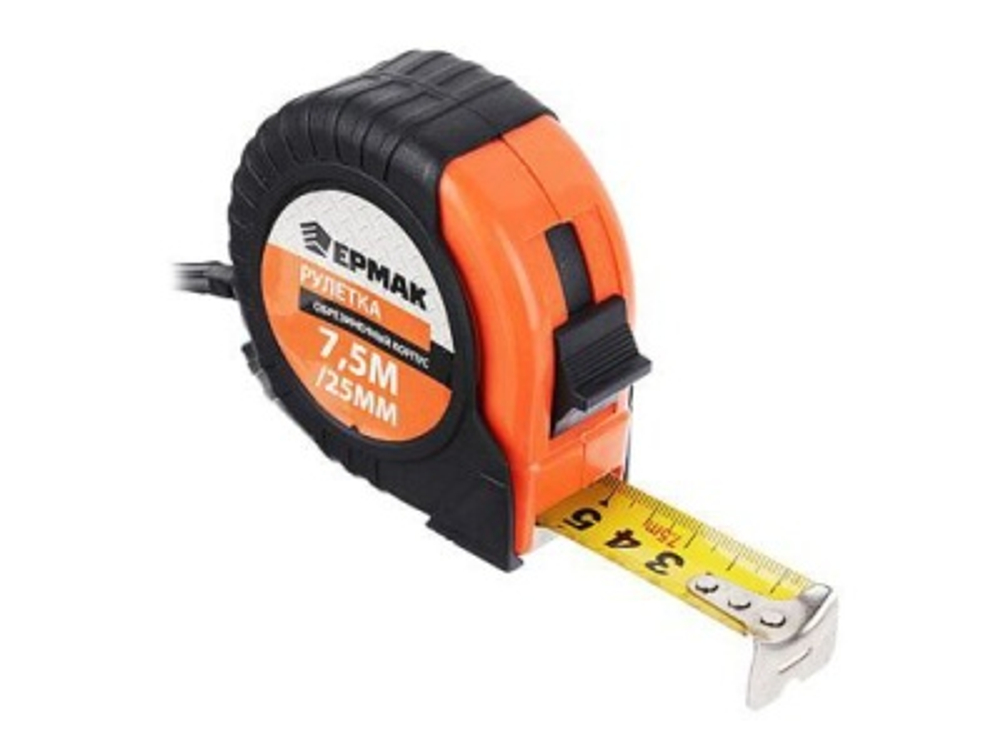 Рулетка 7,5м*25мм ЕРМАК обрезиненный корпус