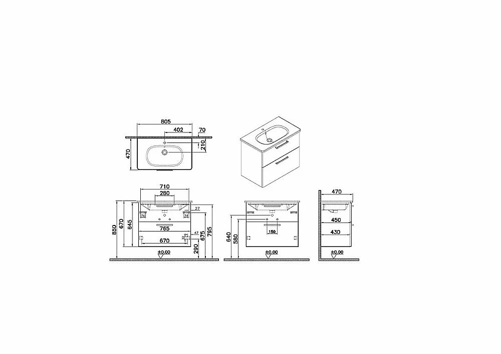 Тумба с раковиной VitrA Root 68289 80 матовый серый камень