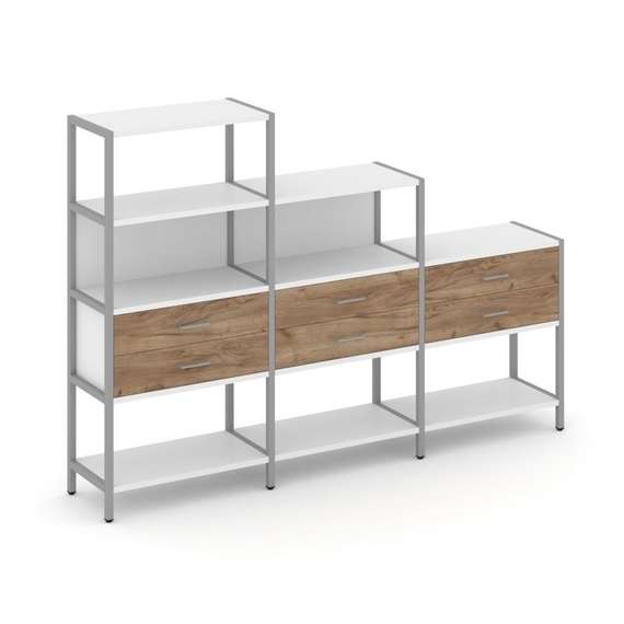 Shelf System Трехсекционный стеллаж четырех/трех/двухярусный с ящиками SN.STM-431 Белый/Дуб Табак/Ме