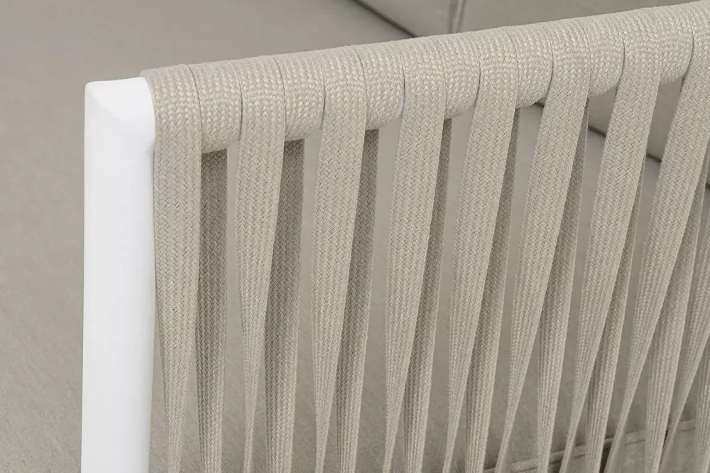 "Касабланка" диван 3-местный плетеный из роупа, каркас алюминий белый муар, роуп бежевый 20мм, ткань бежевая 052