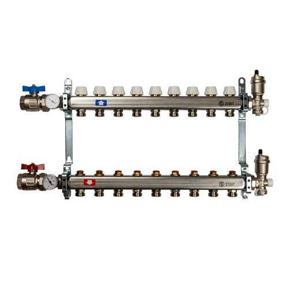 Коллекторная группа для радиаторного отопления STOUT SMS0912 - 1" на 9 контуров 3/4"EK (нерж.сталь)