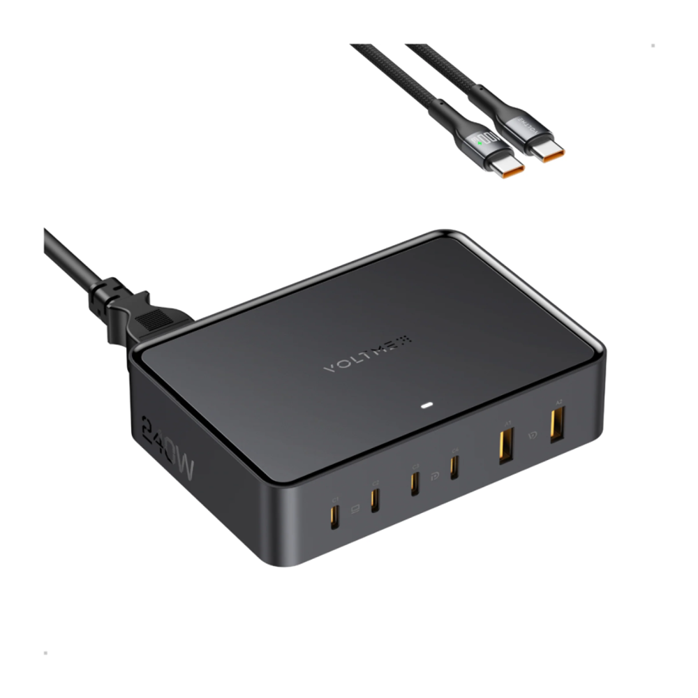 Сетевое зарядное устройство VOLTME Revo 240 мощностью 240 Вт (4 USB-C, 2 USB-A) (GaN) и кабель USB-C (1,2 м) Настольный многопортовый мощный адаптер питания. Есть поддержка PD 3.1, QC 5, PPS, SFC 2.0 и AFC. Поддерживаемая кабелем мощность — до 100 Вт