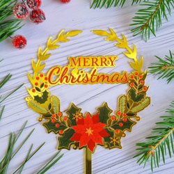 Топпер «Merry Christmas» рождественский венок с красным цветком