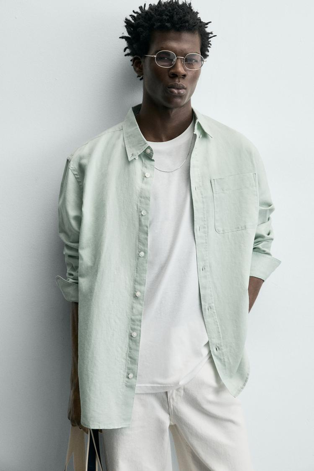 ZARA РУБАШКА КЛАССИЧЕСКОГО КРОЯ ИЗ ЛЬНА И ХЛОПКА, ВОДЯНИСТО-ЗЕЛЕНЫЙ