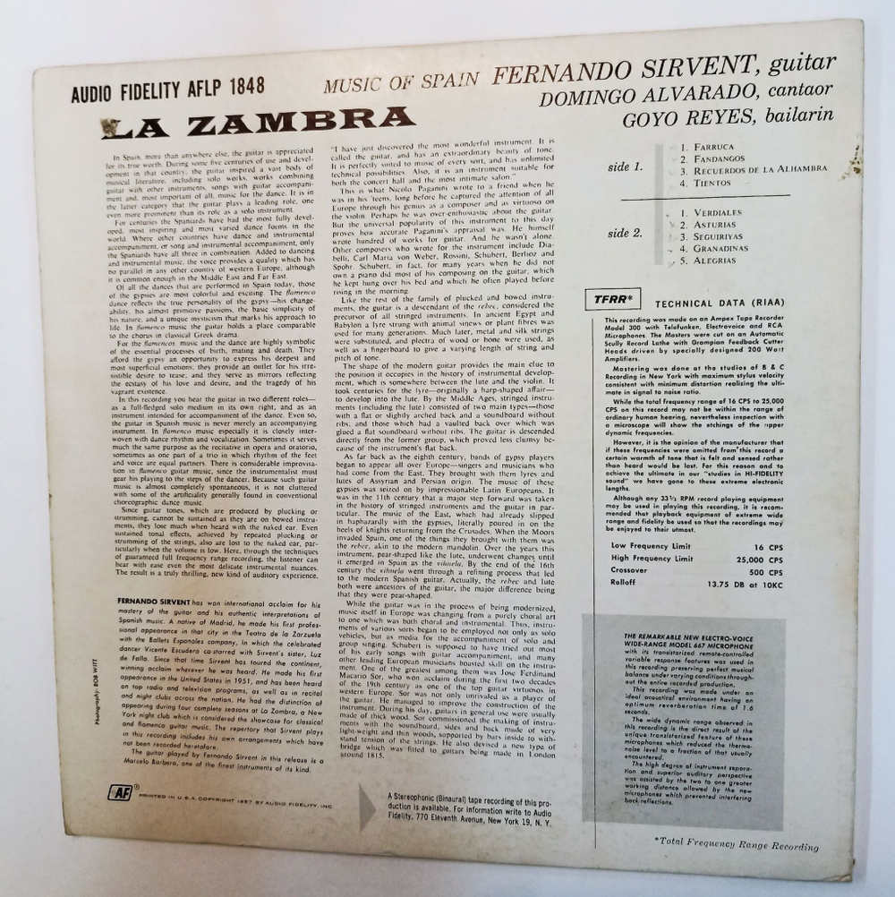 Винтажная виниловая пластинка LP Fernando Sirvent La Zambra (USA 1959)
