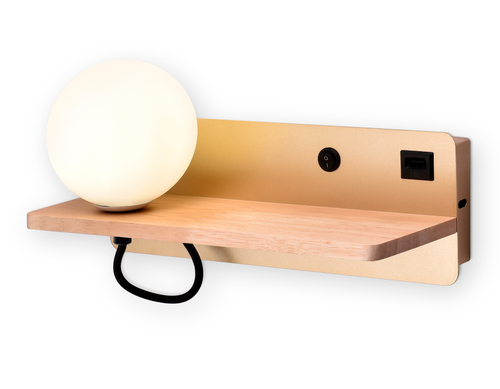 Настенный светильник с выключателем, USB портом и полкой FW520 GD/LW золото/светлое дерево G9 max 40W 280*100*125 (лампа LED G9 5W 4200K в комплекте)