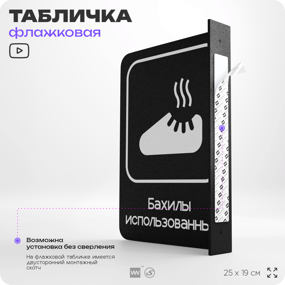 Табличка Бахилы использованные флажковая на стену, двусторонняя с крепежом, 19 х 25 см, для офиса, кафе, отеля, серия COSMO, Айдентика Технолоджи